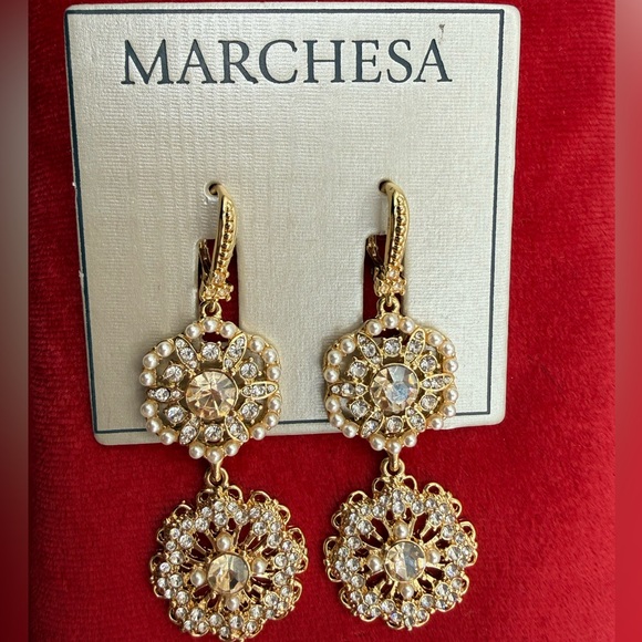Marchesa Gold-Tone Crystal & Imitation Pearl Flower Double Drop Earrings - Picture 13 of 13